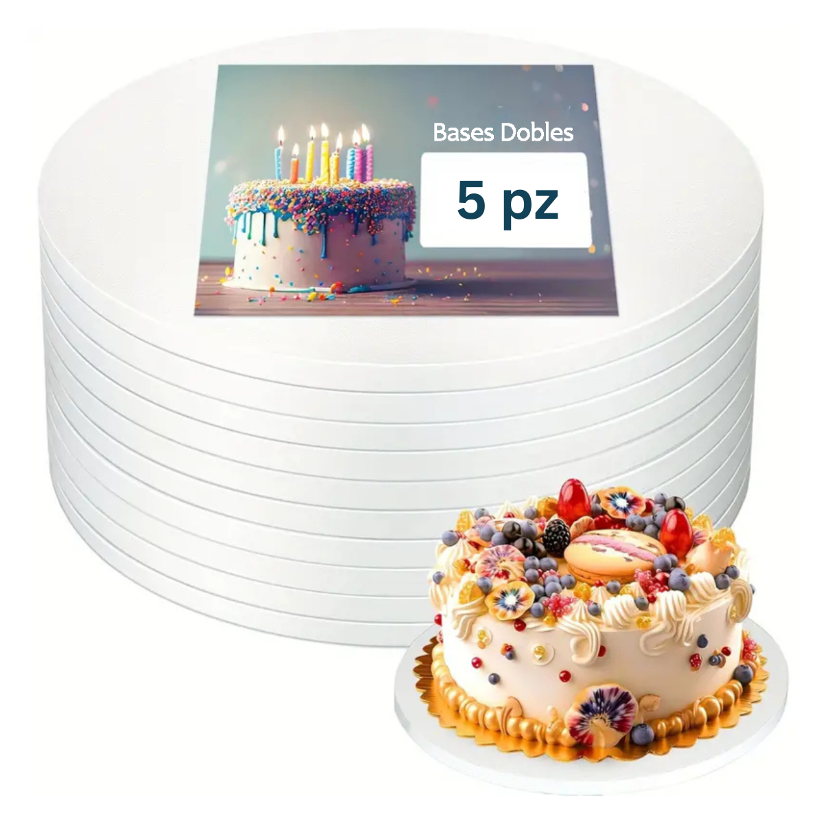 Bases Dobles Premium Blanco para Pastel - 25cm, 5 piezas