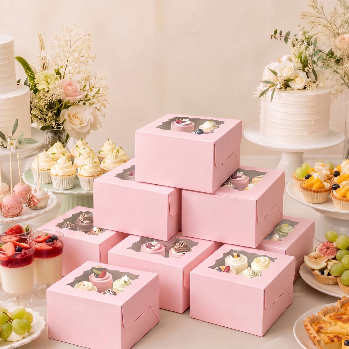 Caja Blanca con Ventana 10x10x6cm para Mini Postre / Regalo (20 Piezas) - Rosa