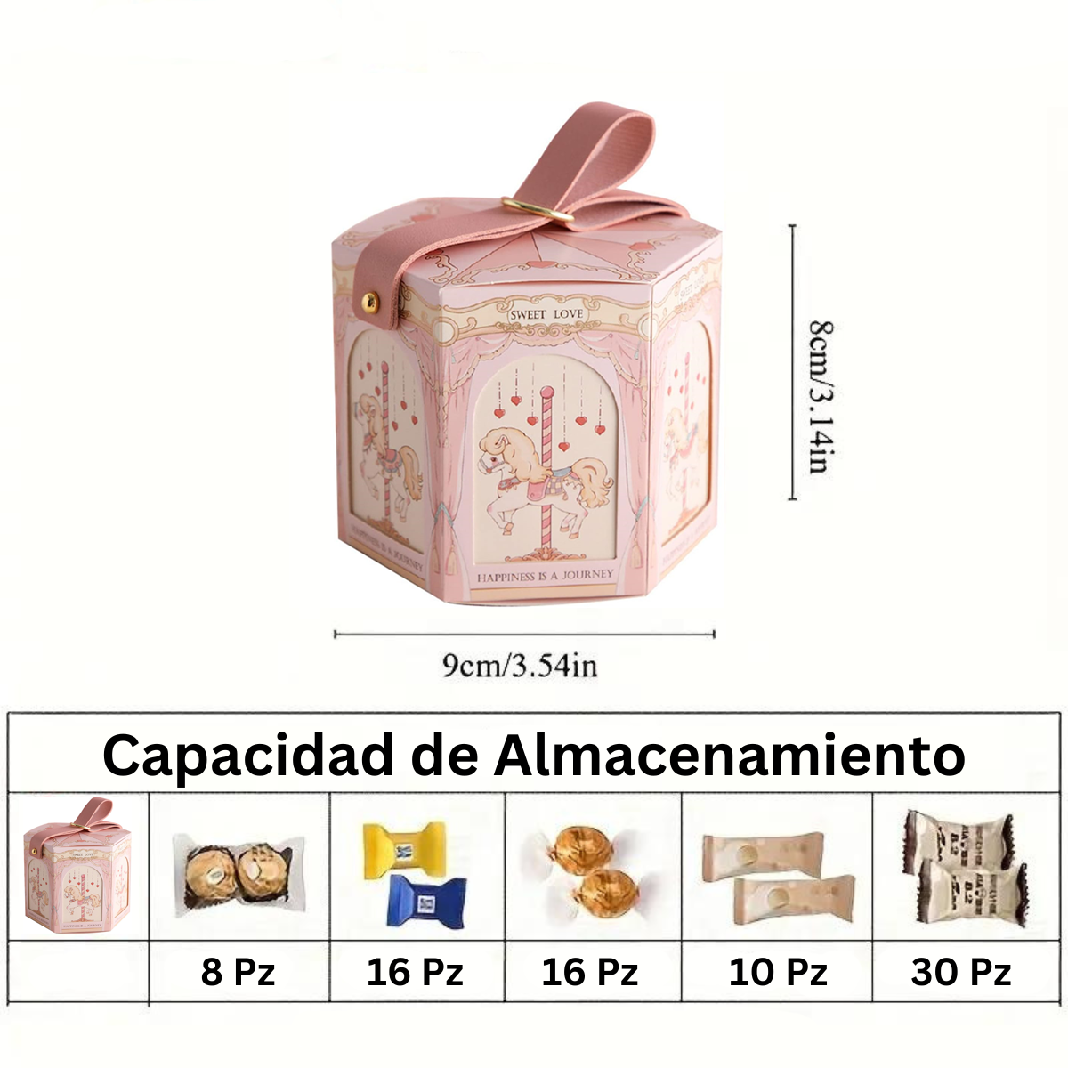 Caja Hexagonal de Dulces, Carrusel Champagne - 10 Piezas