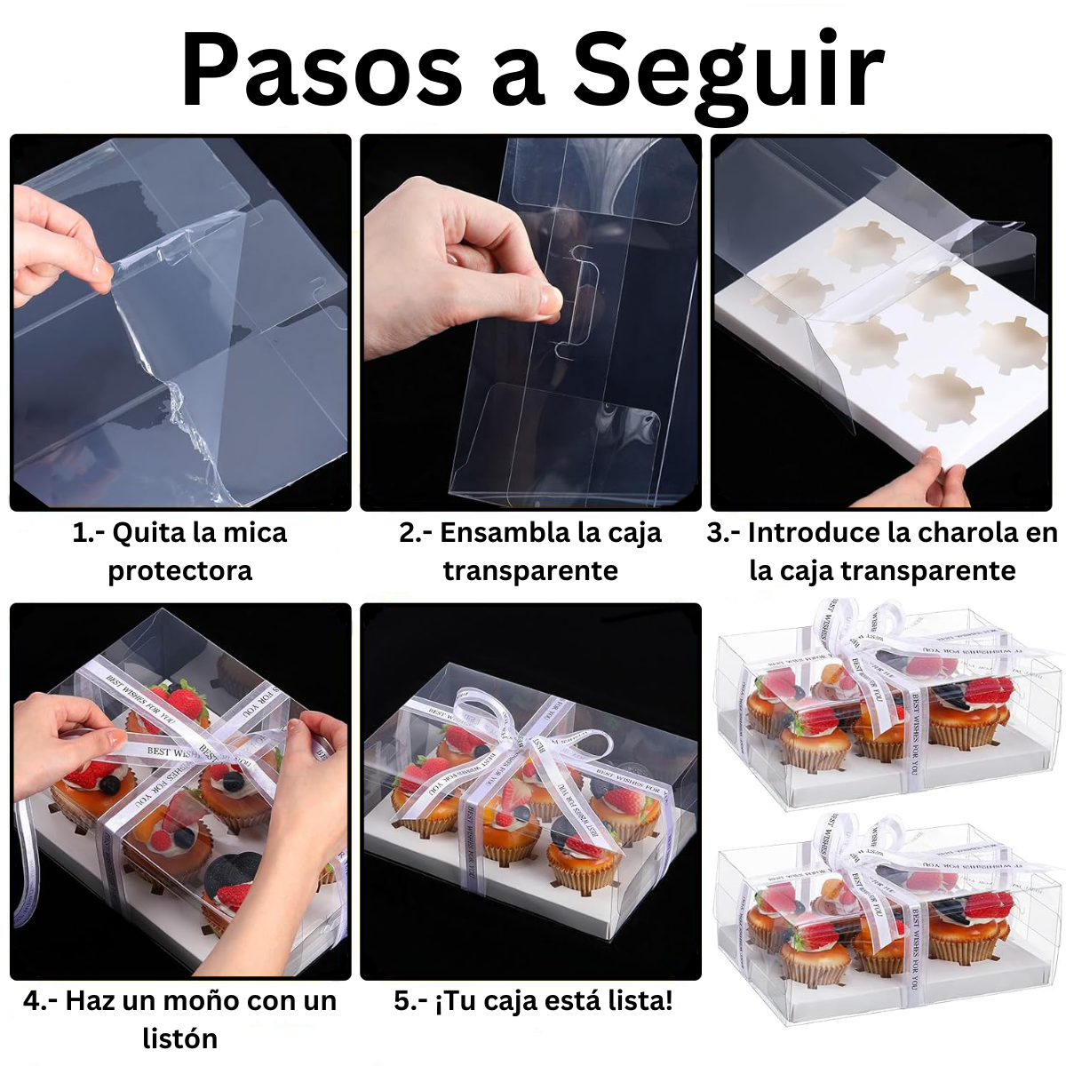 Caja De Acetato Para 4 Cupcakes Con Base Blanca - 10 Piezas