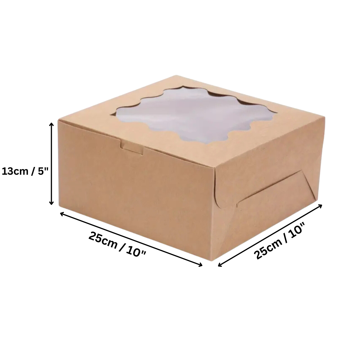 Caja Kraft para Pastel con Ventana - 25x25x13cm, 10 Piezas