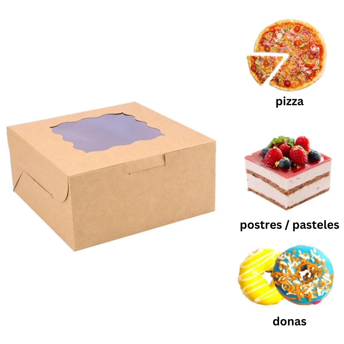 Caja Kraft para Pastel con Ventana - 25x25x13cm, 10 Piezas