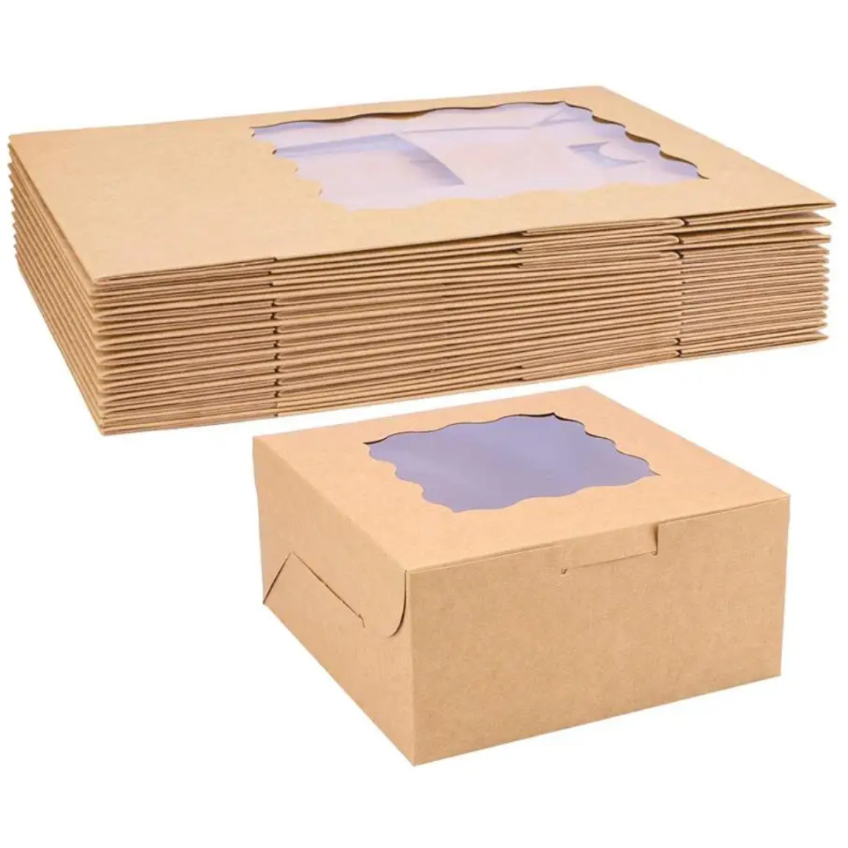 Caja Kraft para Pastel con Ventana - 25x25x13cm, 10 Piezas
