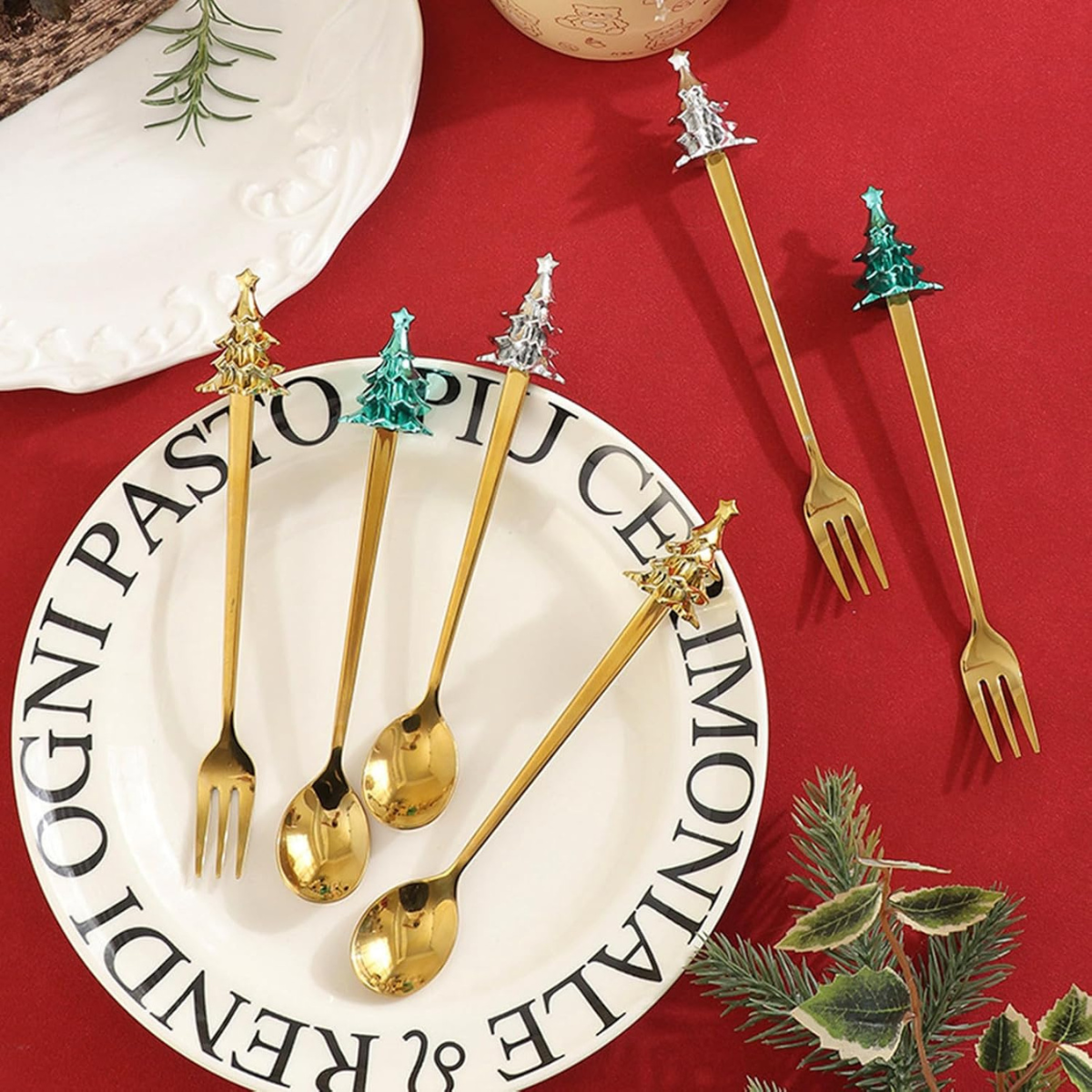 Cubiertos Dorados Navideños en Acero Inoxidable - 6 Piezas