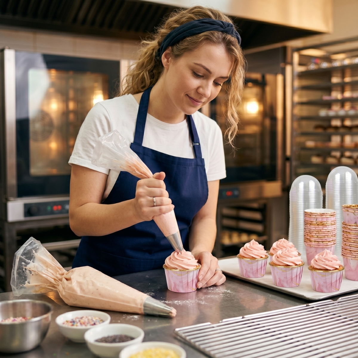 Forro Metalizado para Cupcake con Tapa, 50pz - Rosa Marmoleado
