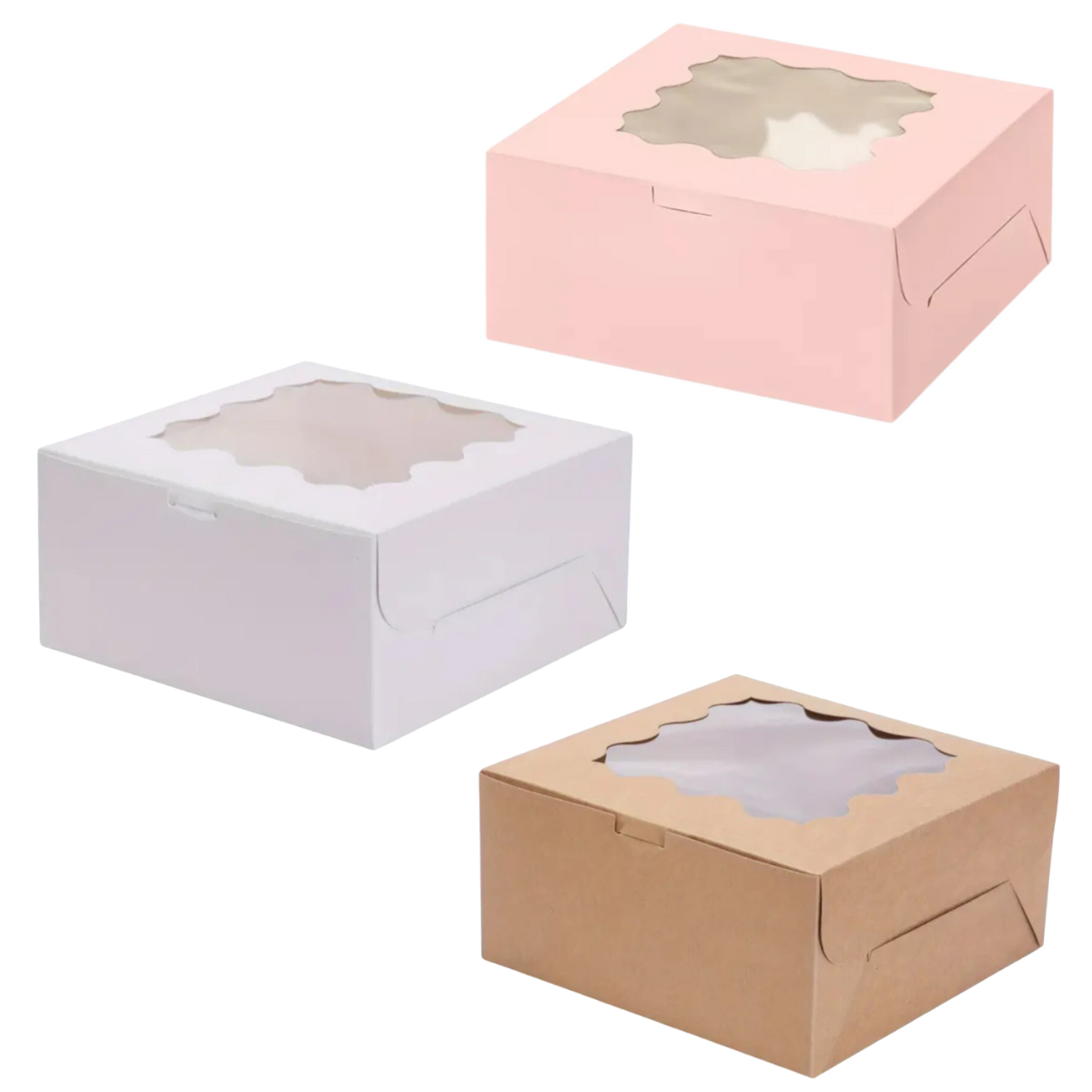 Caja para Pastel con Ventana - 25x25x13cm, 10 Piezas [Blanco, Rosa, Kraft]