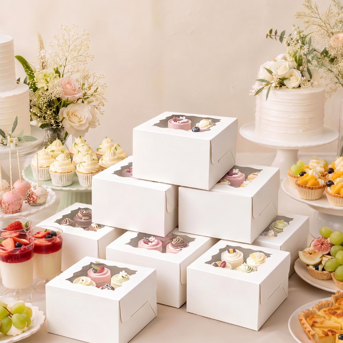 Caja Blanca con Ventana 10x10x6cm para Mini Postre / Regalo (20 Piezas) - Blanco