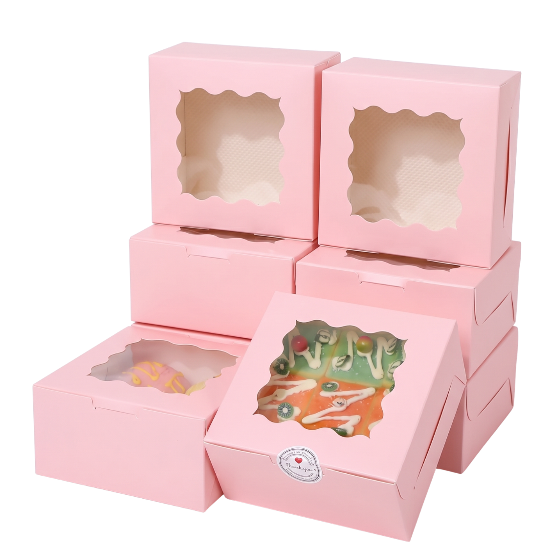 Caja Blanca con Ventana 10x10x6cm para Mini Postre / Regalo (20 Piezas) - Rosa