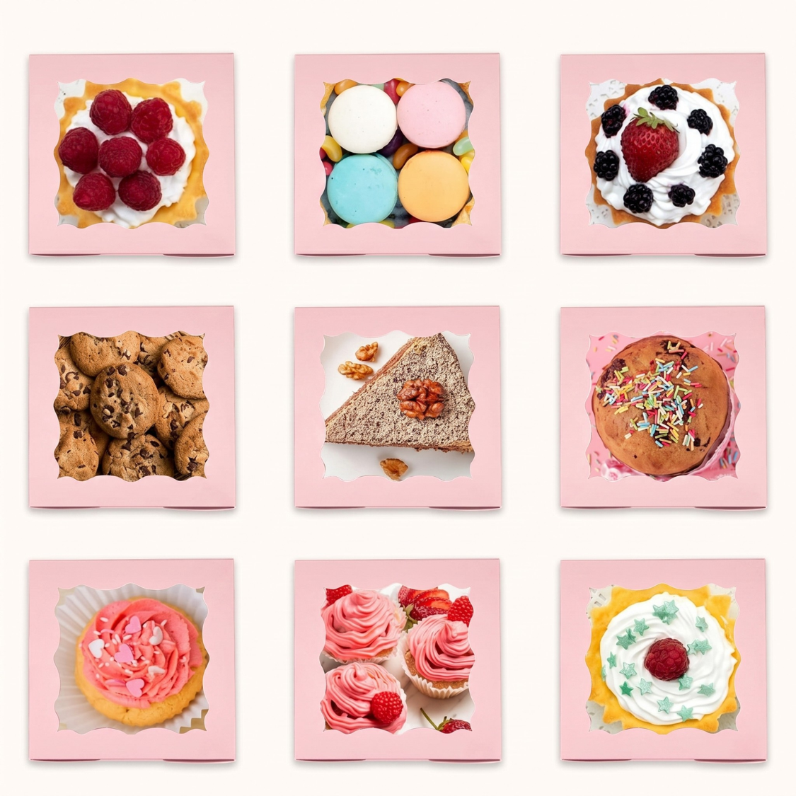 Caja Blanca con Ventana 10x10x6cm para Mini Postre / Regalo (20 Piezas) - Rosa