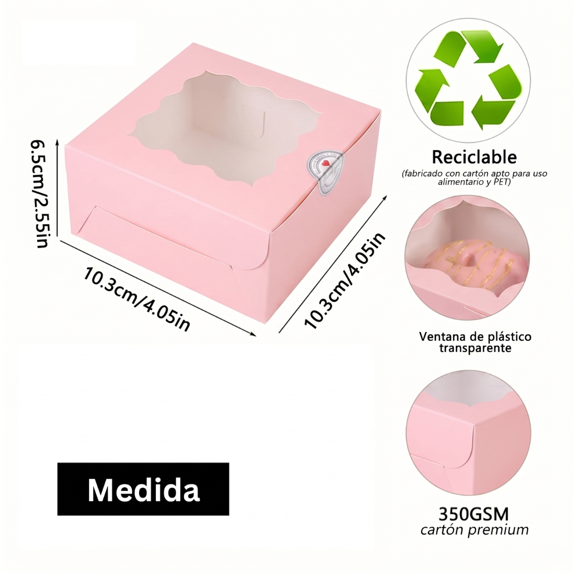 Caja Blanca con Ventana 10x10x6cm para Mini Postre / Regalo (20 Piezas) - Rosa