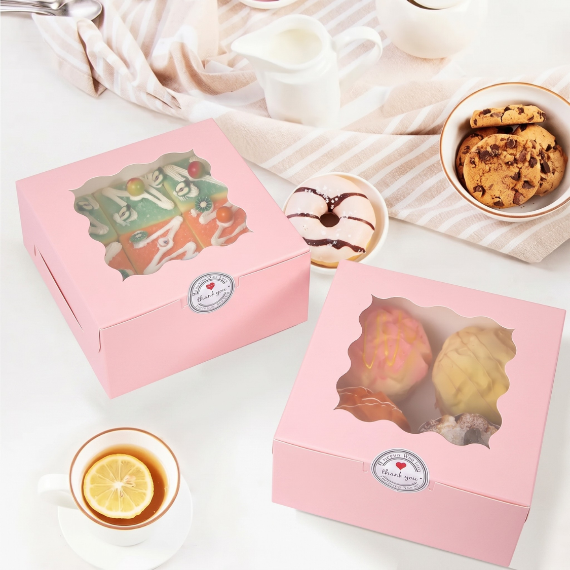 Caja Blanca con Ventana 10x10x6cm para Mini Postre / Regalo (20 Piezas) - Rosa