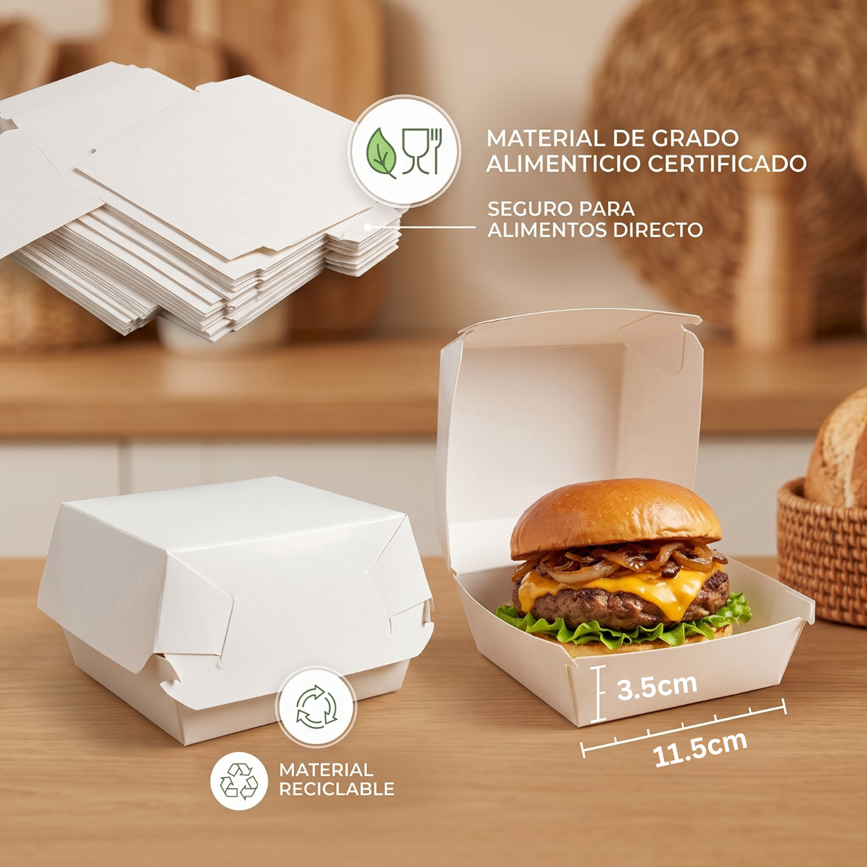Caja para Hamburguesa Individual - 11.5x11.5x7.5cm, 50pz