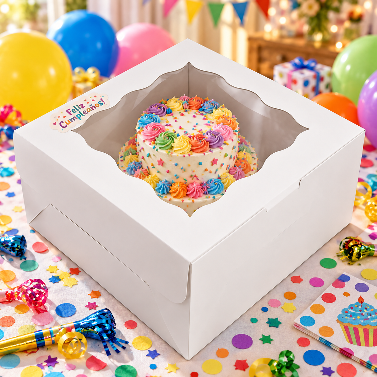 Caja Blanca Lisa para Pastel con Ventana - 30x30x15cm, 10 Piezas (Blanco)
