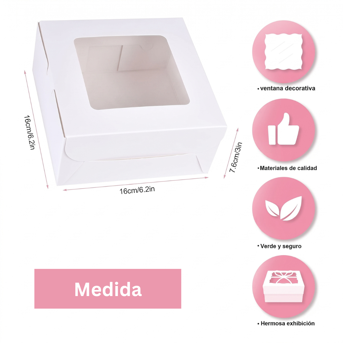 Caja Blanca Con Ventana 16x16x7.5cm para Postres / Regalos (20 Pzs)