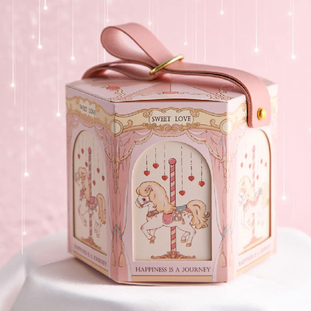 Caja Hexagonal de Dulces, Carrusel Rosa - 10 Piezas