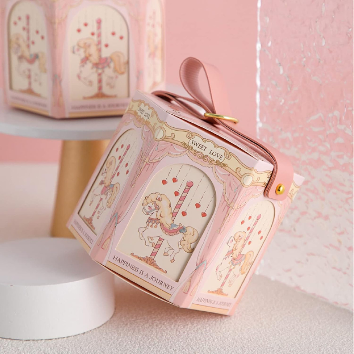 Caja Hexagonal de Dulces, Carrusel Rosa - 10 Piezas