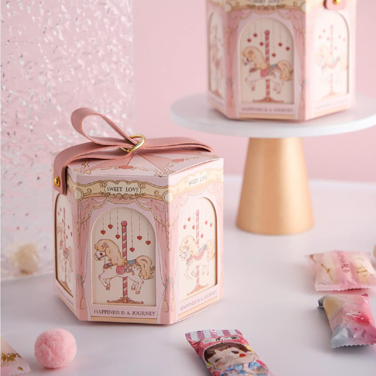 Caja Hexagonal de Dulces, Carrusel Rosa - 10 Piezas