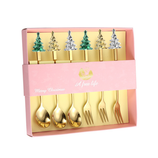 Cubiertos Dorados Navideños en Acero Inoxidable - 6 Piezas