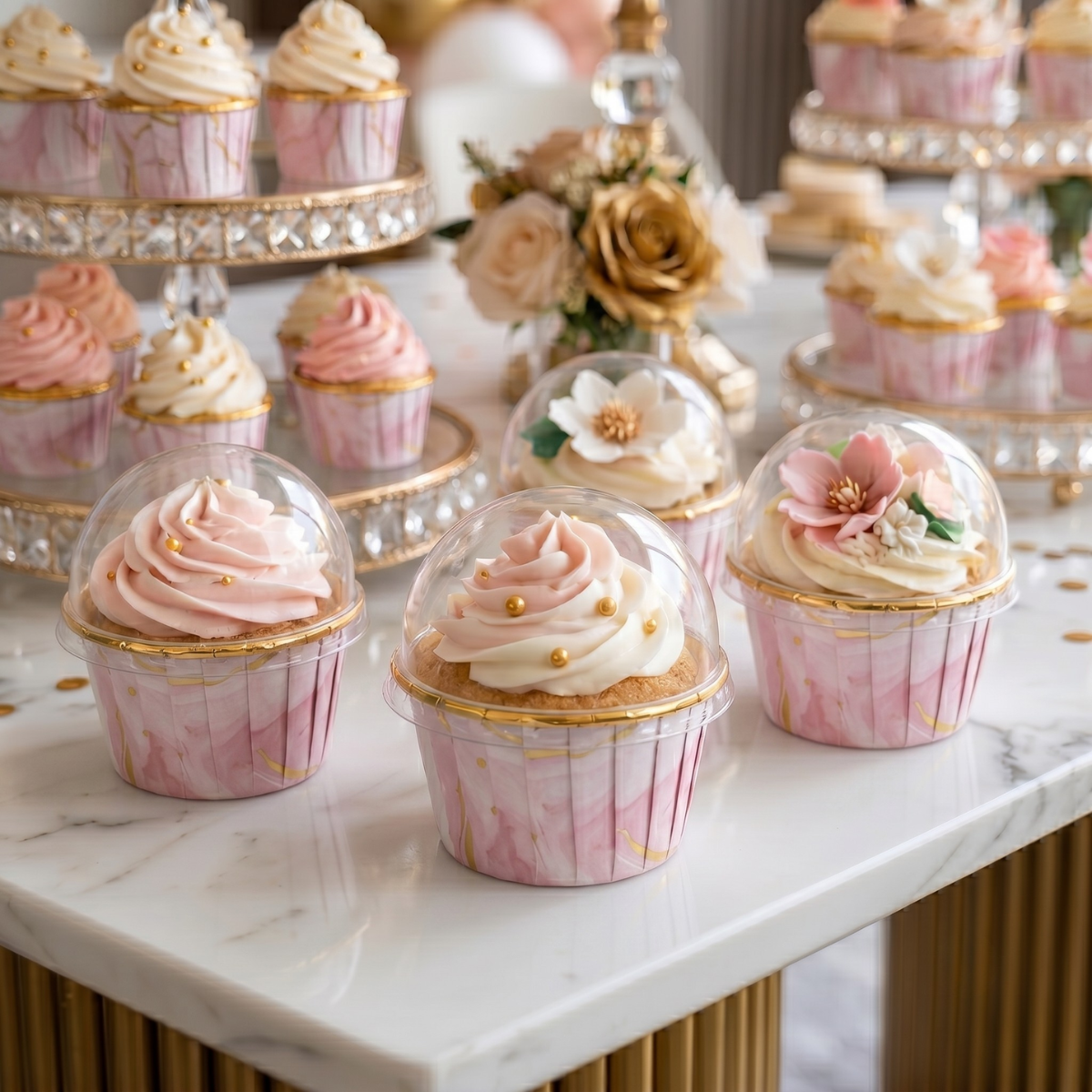 Forro Metalizado para Cupcake con Tapa, 50pz - Rosa Marmoleado