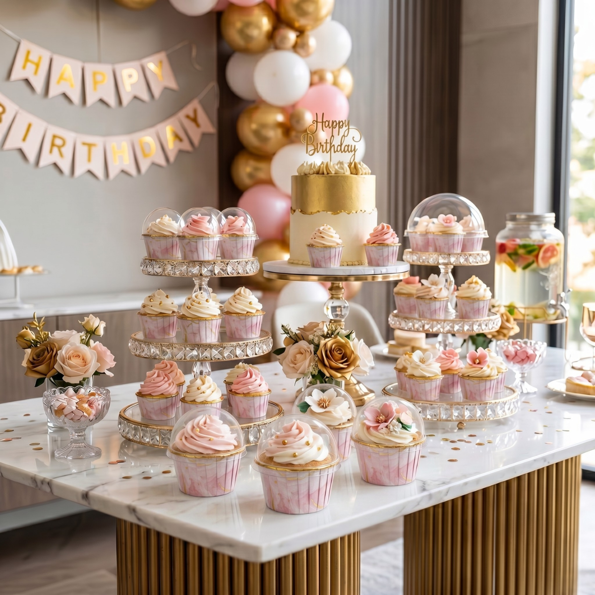 Forro Metalizado para Cupcake con Tapa, 50pz - Rosa Marmoleado