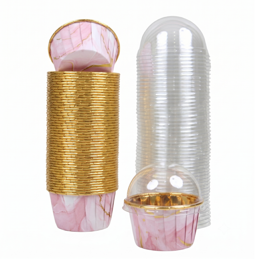 Forro Metalizado para Cupcake con Tapa, 50pz - Rosa Marmoleado