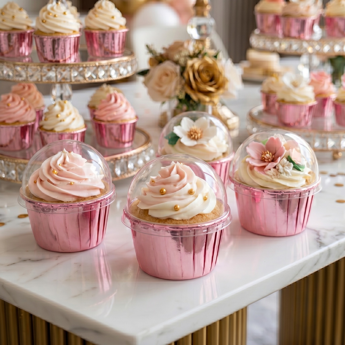 Forro Metalizado para Cupcake con Tapa, 50pz - Rosa Brillante