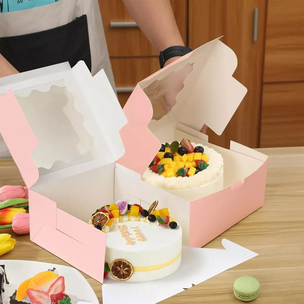 Caja Rosa Lisa para Pastel - 20x20x13cm, 10 Piezas